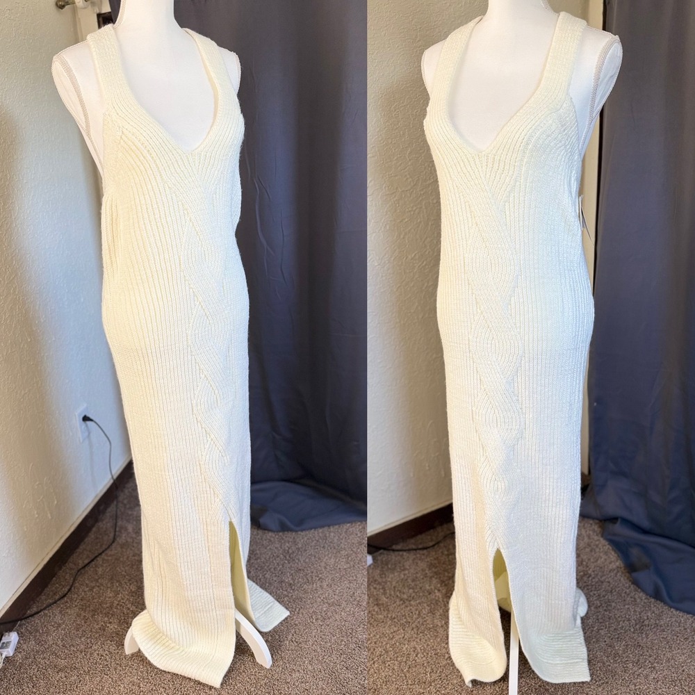 JLUXLABEL Cream Cable Knit V-Neck Maxi Dress XL Sleeveless Slit W-D-MX-2627